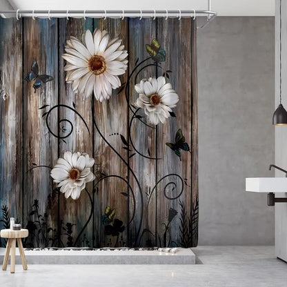 4PCS Wooden Daisy Shower Curtain Set, Country Style Bathroom Decor Set, Waterproof Shower Curtain, Bath Mat, U-shaped Mat, Toilet Cover Mat Interior Home Goods
