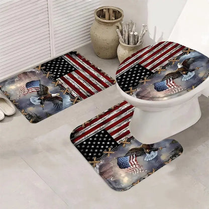 1/4pcs American Flag Pattern Bathroom Decor Set, Including Shower Curtain & Toilet U-shape Mat & Bathroom Mat & Toilet Lid Cover, Bathroom Decor And Accessories