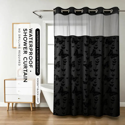 Hook-Free Double-Layer Butterfly Flocked Shower Curtain with Mesh Top Window | No-Drill Installation | Easy Setup for Airbnb, Hotel & Modern Home Décor | 71 × 74 in