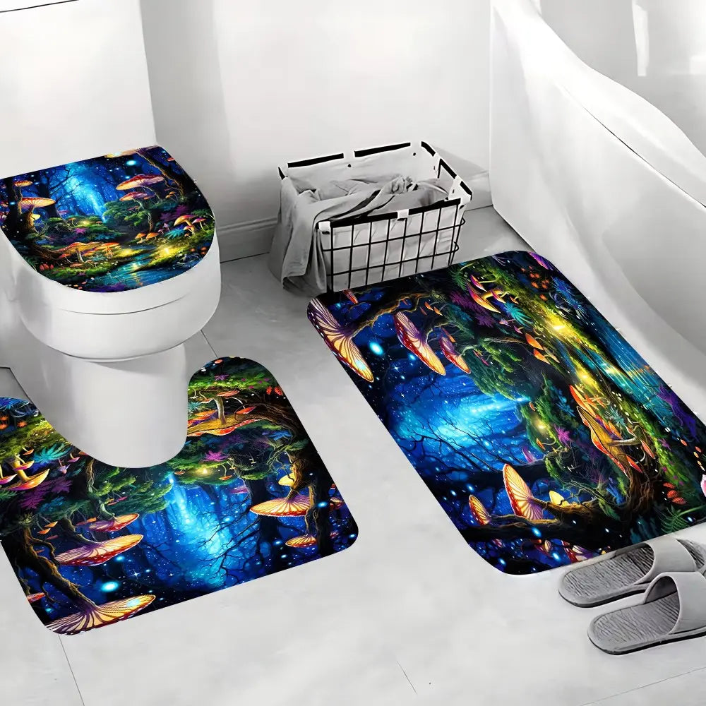 4 Pcs Magical Mushroom Forest Bathroom Curtain Sets with 12 Hooks, Enchanted Night Forest Large Waterproof Mildew Proof Bathroom Curtain, Decorative Shower Curtain, Bathroom Curtains Shower, Toilet Lid Cover, Non-Slip Bathroom Rugs and U Shape Bath Mat