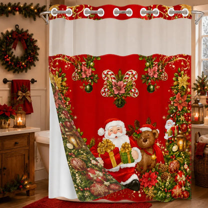 1 Piece No Hook Double Layer Decorative Shower Curtain, Christmas Santa Claus Print Bath Curtain, Waterproof, Mildew Resistant, Durable Fabric, Holiday Home Decor, Removable Liner, Top See-Through Window, Partition Curtain 71"×74"