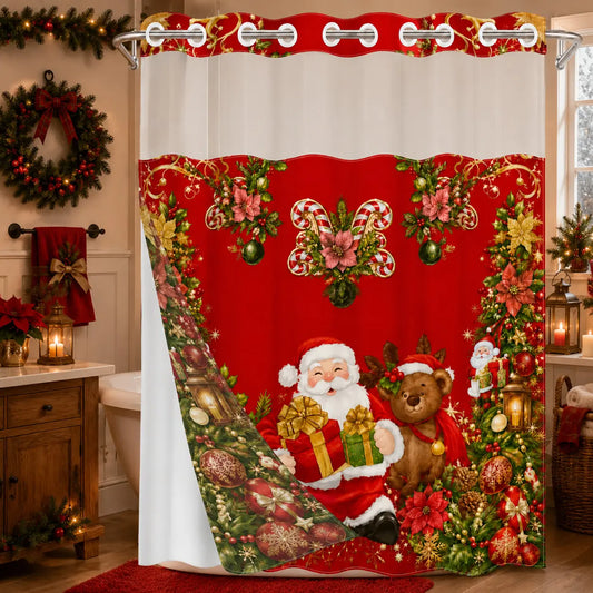 1 Piece No Hook Double Layer Decorative Shower Curtain, Christmas Santa Claus Print Bath Curtain, Waterproof, Mildew Resistant, Durable Fabric, Holiday Home Decor, Removable Liner, Top See-Through Window, Partition Curtain 71"×74"