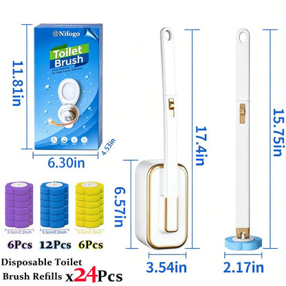 Disposable Toilet Brush Wall-Mount Space-Saving, Universal Fit Caddy Set with 24 Replaceable Heads for Hygienic Household Bathroom Urinal Basin Sink Bathtub Drain Cleaning Wand