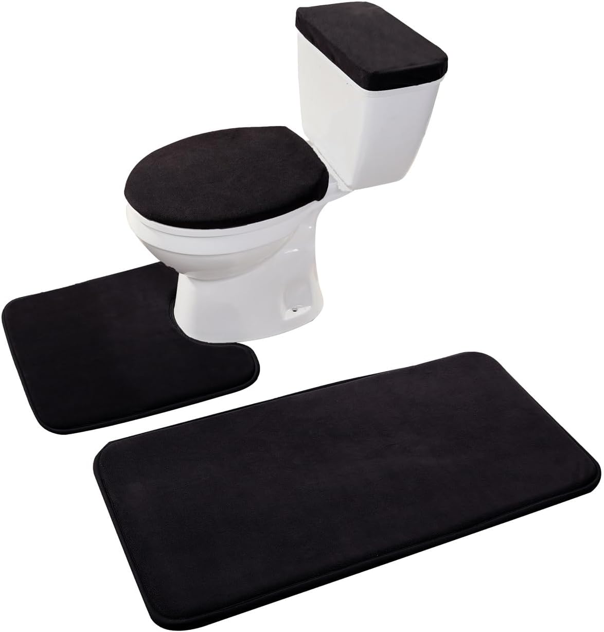 Madeals Bathroom Rug Set 4 Piece with Toilet Lid Cover and Tank Cover Black