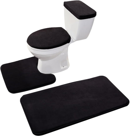 Madeals Bathroom Rug Set 4 Piece with Toilet Lid Cover and Tank Cover Black