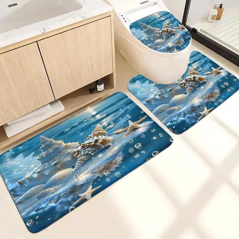 1pc/4-Piece Polyester Shower Curtain Set - Geometric, Floral, Modern Ocean Theme with Conch, Shell, Starfish Patterns, Bathroom Rug, Mat, Decor, 12 Hooks