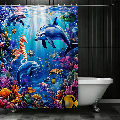 Vibrant Underwater Ocean Scene Printed Shower Curtain, Dolphins, Sea Turtles, Coral Reef, Lively Fish, Nautical Bathroom Decor, Summer Vibes, Aesthetic Shower Curtain, Decorative Shower Curtain, Waterproof Shower Curtain