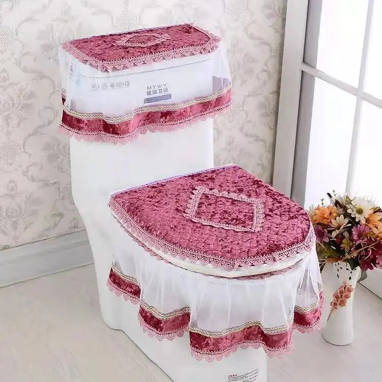 Elegant Solid 3-Piece Luxury Velvet Lace Toilet Accessories Set - Skirted Lace Trim, Commode Cushion, Water Tank Cover, Toilet Paper Holder Cover, Home Interior Decoration for Household Bathroom Upgrade, Toilet Accessories Cover, Bathroom Decor