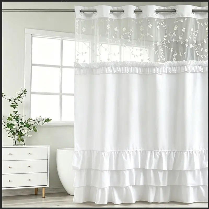 Elegant Hookless Ruffle Shower Curtain，Dual Removable Waterproof Layers with Embroidered Sheer Top, Snap-On Washable Bathroom Curtain 71*74inhch