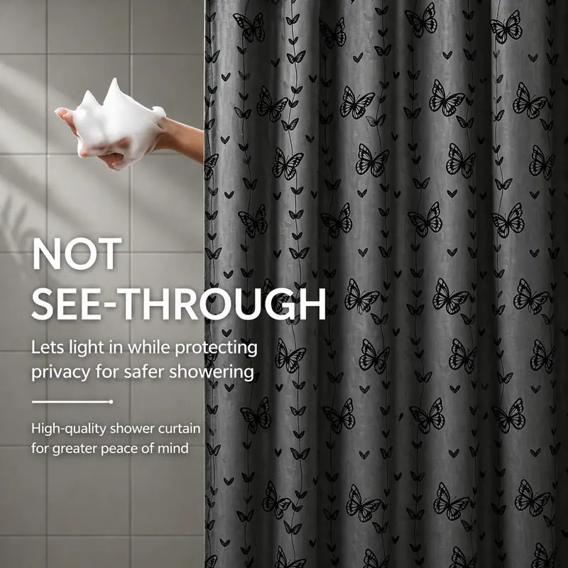 Black Butterfly Hookless Shower Curtain with White Mesh Window, Water-Resistant & Machine Washable Fabric Curtain, Easy Install Bathroom Decor, 72 x 75 Inch