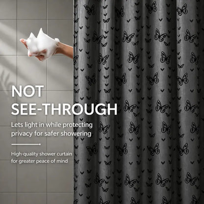 Black Butterfly Hookless Shower Curtain with White Mesh Window, Water-Resistant & Machine Washable Fabric Curtain, Easy Install Bathroom Decor, 72 x 75 Inch