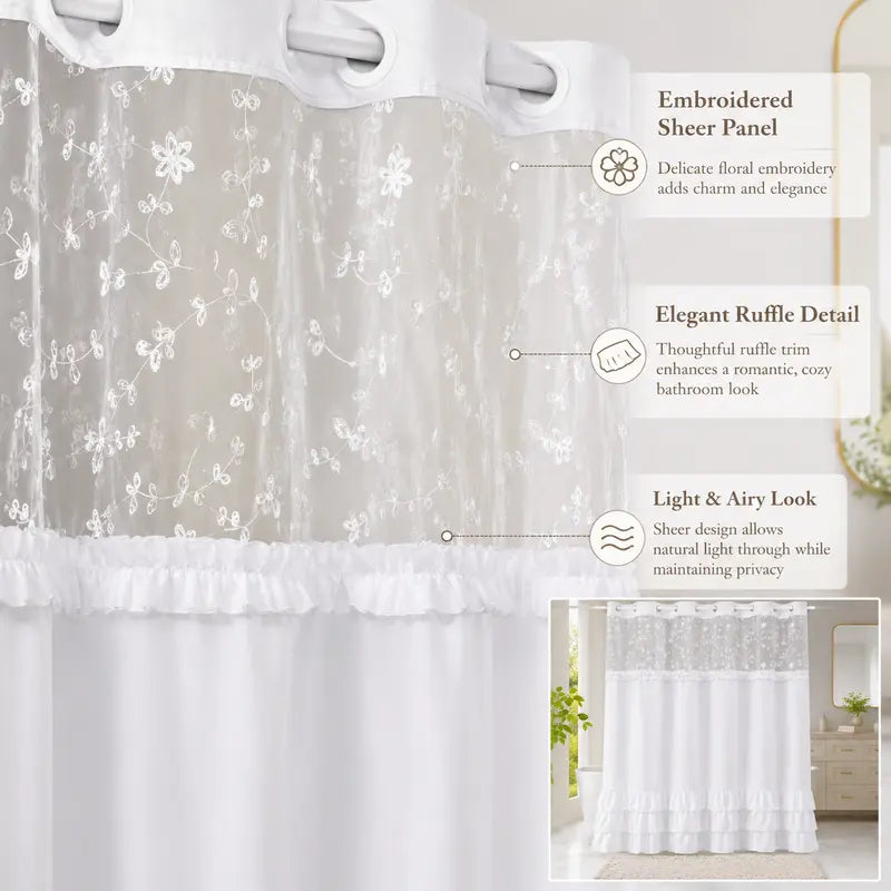 Elegant Hookless Ruffle Shower Curtain，Dual Removable Waterproof Layers with Embroidered Sheer Top, Snap-On Washable Bathroom Curtain 71*74inhch