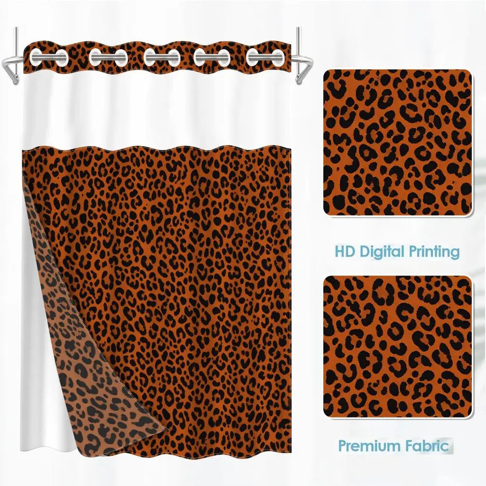 1pc hookless Bathroom Shower Curtain with buckle lining, orange background with black leopard print design, 2D flat printing, fabric waterproof lining, see-through double-layer Decorative Shower Curtain, 71 x 74 inches, modern home draping curtain.