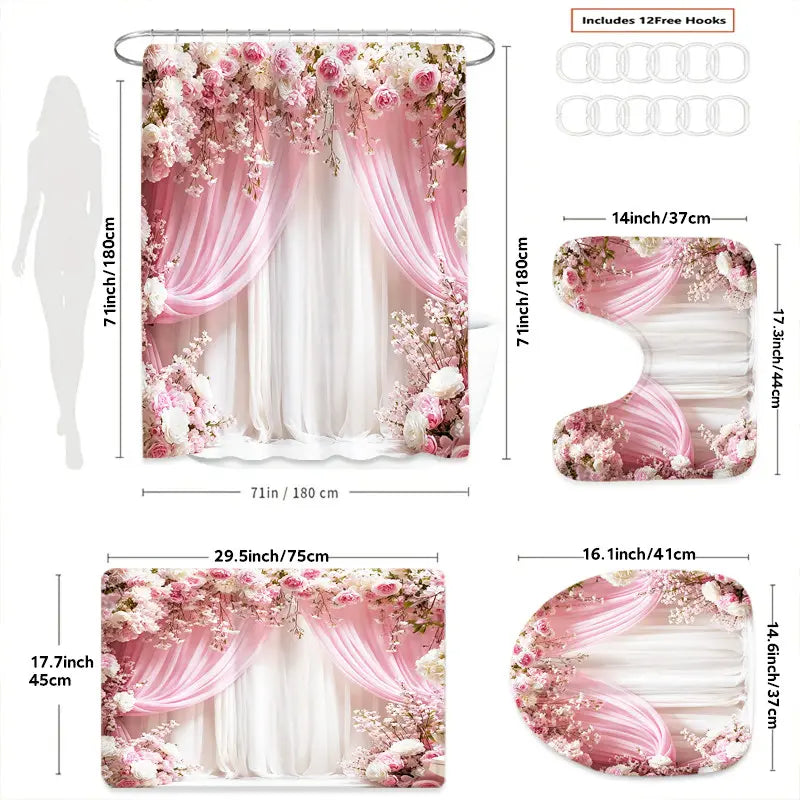 4pcs Floral Pretty Set, Elegant Cherry Blossom Flower Design, Waterproof with Hooks, Bathroom Decor Kit, Gift Idea, Shower Curtain Cute