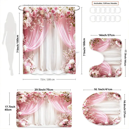 4pcs Floral Pretty Set, Elegant Cherry Blossom Flower Design, Waterproof with Hooks, Bathroom Decor Kit, Gift Idea, Shower Curtain Cute