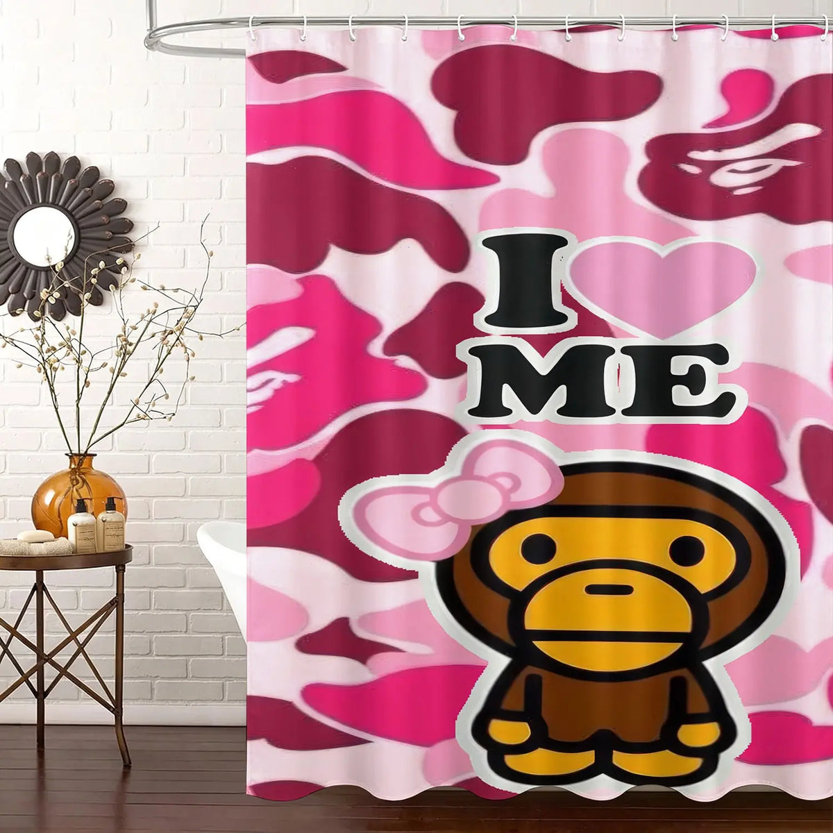 Camo Monkey Pattern Shower Curtain, Digital Print Waterproof  Shower Curtain, Easy Install Hooks Included, Trendy Streetwear Themed Bathroom Decor, Machine Washable