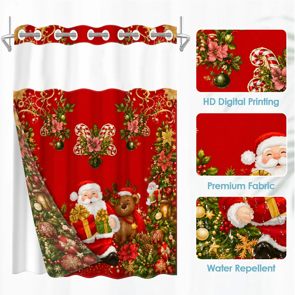 1 Piece No Hook Double Layer Decorative Shower Curtain, Christmas Santa Claus Print Bath Curtain, Waterproof, Mildew Resistant, Durable Fabric, Holiday Home Decor, Removable Liner, Top See-Through Window, Partition Curtain 71"×74"