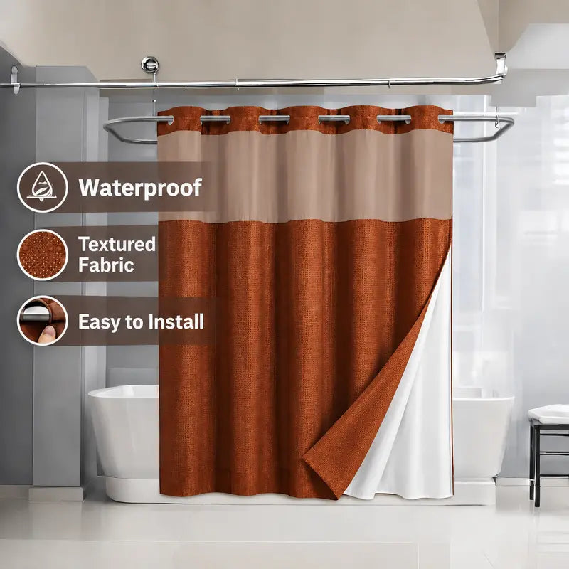 Double Layer Waffle-Pattern Shower Curtain - No Hook Snap-in Liner, Fabric Waterproof Inner & Washable White Outer Cloth, Modern Bathroom Accessory for Home/Hotel/Salon/Dorm, 72x75 Inch