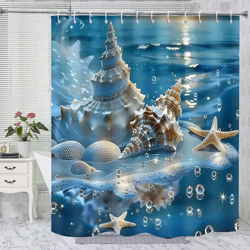 1pc/4-Piece Polyester Shower Curtain Set - Geometric, Floral, Modern Ocean Theme with Conch, Shell, Starfish Patterns, Bathroom Rug, Mat, Decor, 12 Hooks