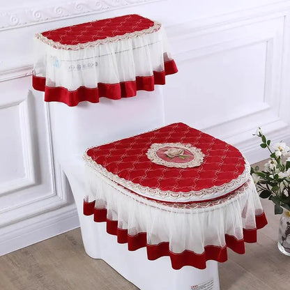 Elegant Solid 3-Piece Luxury Velvet Lace Toilet Accessories Set - Skirted Lace Trim, Commode Cushion, Water Tank Cover, Toilet Paper Holder Cover, Home Interior Decoration for Household Bathroom Upgrade, Toilet Accessories Cover, Bathroom Decor