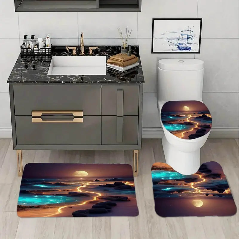 Dreamy Moonlight Fluorescent Coast Artwork Shower Curtain Set with 12 Hooks - Waterproof, Non-Slip Bathroom Carpet, Toilet U-Shaped Cushion, Toilet Seat Cover Cushion - Bathroom Decor, Decoration, Calming Look & Feel, Ideal Moving Gift