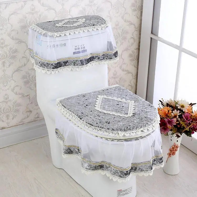 Elegant Solid 3-Piece Luxury Velvet Lace Toilet Accessories Set - Skirted Lace Trim, Commode Cushion, Water Tank Cover, Toilet Paper Holder Cover, Home Interior Decoration for Household Bathroom Upgrade, Toilet Accessories Cover, Bathroom Decor