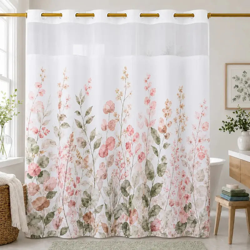 Hookless Shower Curtain Set with Snap-in Liner, Double Layer Floral Botanical Design, Sheer Top Window, 72x75 Inch Waterproof Washable Bathroom Curtain,