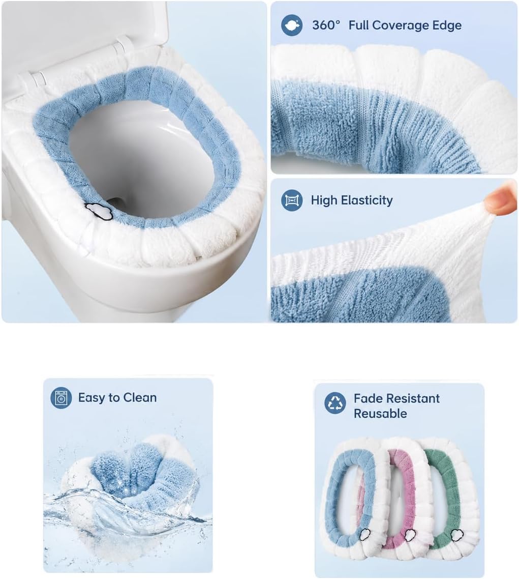 Easy Installation Comfortable Toilet Lid Bathroom Soft Thicker Warmer Stretchable Washable Cloth Toilet Seat Cover Pads （3PCS）