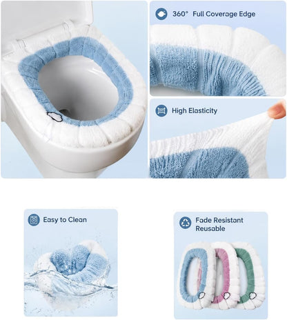 Easy Installation Comfortable Toilet Lid Bathroom Soft Thicker Warmer Stretchable Washable Cloth Toilet Seat Cover Pads （3PCS）