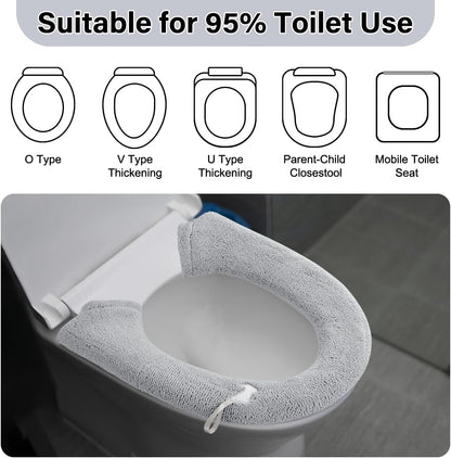 2 Packs Toilet Seat Cover, Plush Warm Bathroom Toilet Seat Cushion with Snaps Fixed Washable and Reusable Toilet Seat Lid Cover Pads, Fits Most Toilet Seats, Light Grey