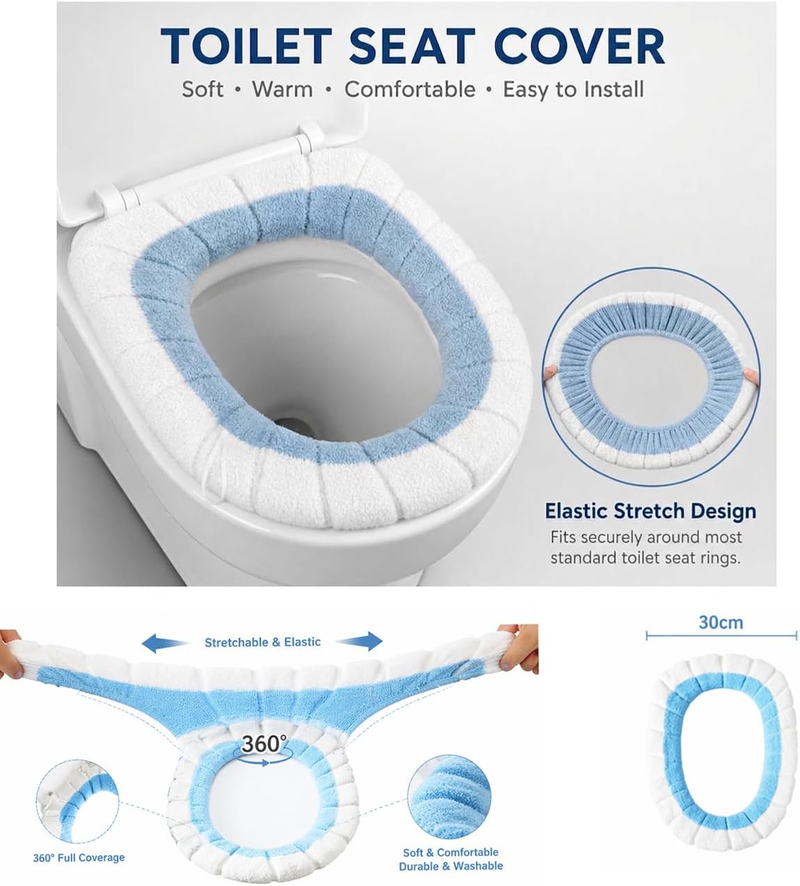 Easy Installation Comfortable Toilet Lid Bathroom Soft Thicker Warmer Stretchable Washable Cloth Toilet Seat Cover Pads （3PCS）