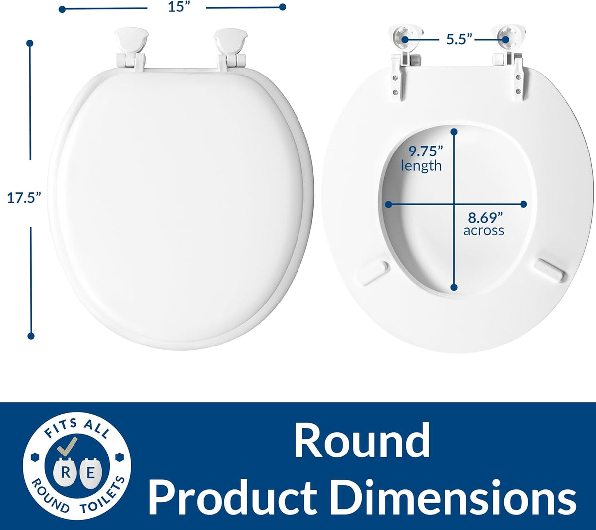 Mayfair Padded Toilet Seat, Cushioned Soft Vinyl over Wood Core Seat, Secure Hinges, Easy Clean, Made in USA, Round, White