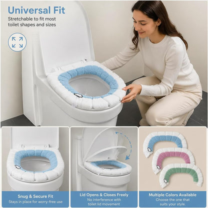 Easy Installation Comfortable Toilet Lid Bathroom Soft Thicker Warmer Stretchable Washable Cloth Toilet Seat Cover Pads （3PCS）