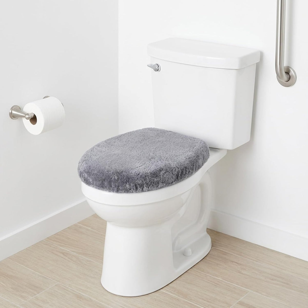 1 PCS Toilet Seat Lid Cover Microfiber Soft Velvet Toilet Cover Durable Adjustable Stretch Fuzzy Seat Covers with Elastic Bottom Absorbent Machine Washable Comfortable for Most Toilets Lids(grey)