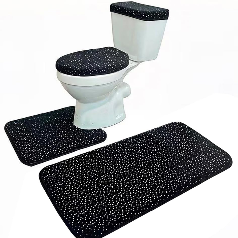 Madeals Bathroom Rug Set 4 Piece with Toilet Lid Cover and Tank Cover Black