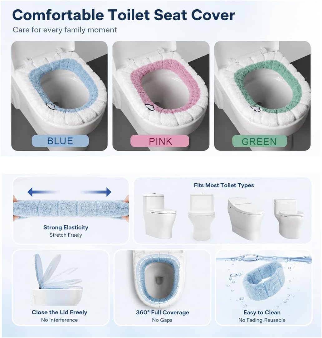 Easy Installation Comfortable Toilet Lid Bathroom Soft Thicker Warmer Stretchable Washable Cloth Toilet Seat Cover Pads （3PCS）