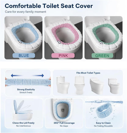 Easy Installation Comfortable Toilet Lid Bathroom Soft Thicker Warmer Stretchable Washable Cloth Toilet Seat Cover Pads （3PCS）
