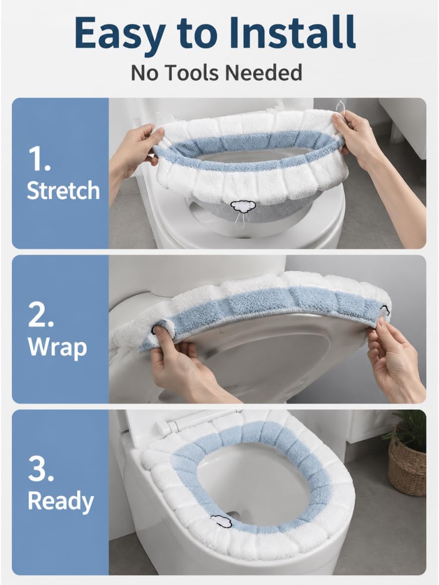 Easy Installation Comfortable Toilet Lid Bathroom Soft Thicker Warmer Stretchable Washable Cloth Toilet Seat Cover Pads （3PCS）