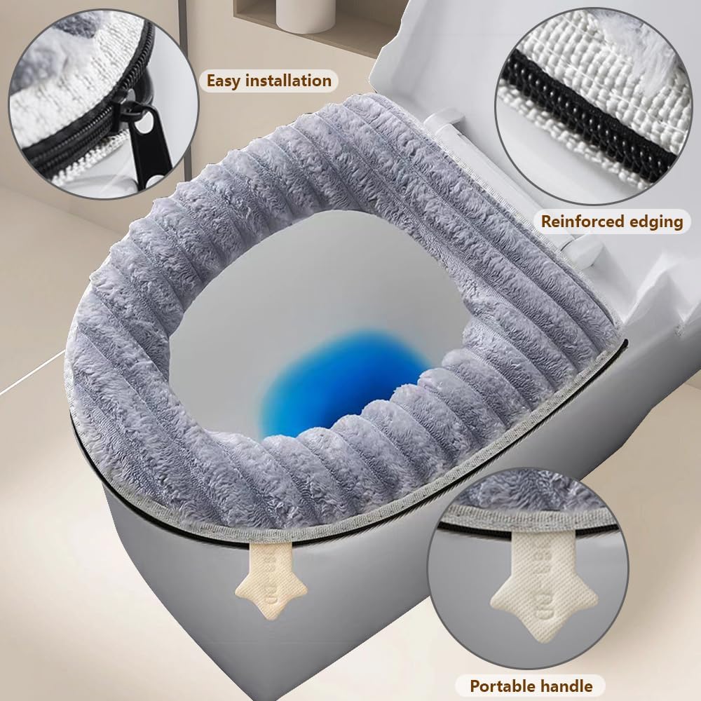Toilet Seat Warmer Cover,Bathroom Soft Thicker Warmer with Zipper Snaps Fixed Stretchable Washable Fiber Cloth Toilet Seat Covers Pads Easy Installation& Cleaning (Gray)