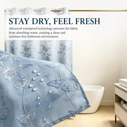 Silver No Hook Double-Layer Butterfly Flocked Shower Curtain,Mesh Top Window，Mesh Top Window, Hook-Free Design, Easy Installation, Farmhouse, Hotel, Modern Home Decoration, 72x75i
