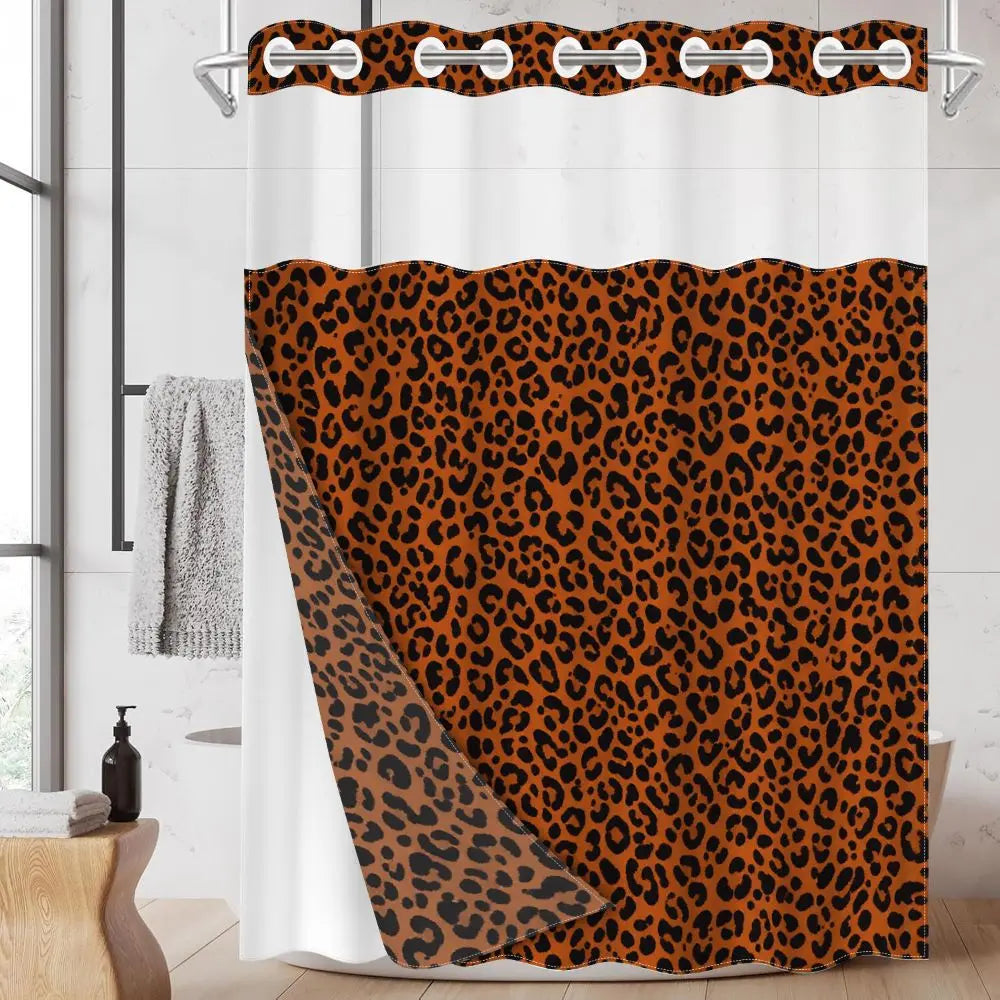 1pc hookless Bathroom Shower Curtain with buckle lining, orange background with black leopard print design, 2D flat printing, fabric waterproof lining, see-through double-layer Decorative Shower Curtain, 71 x 74 inches, modern home draping curtain.