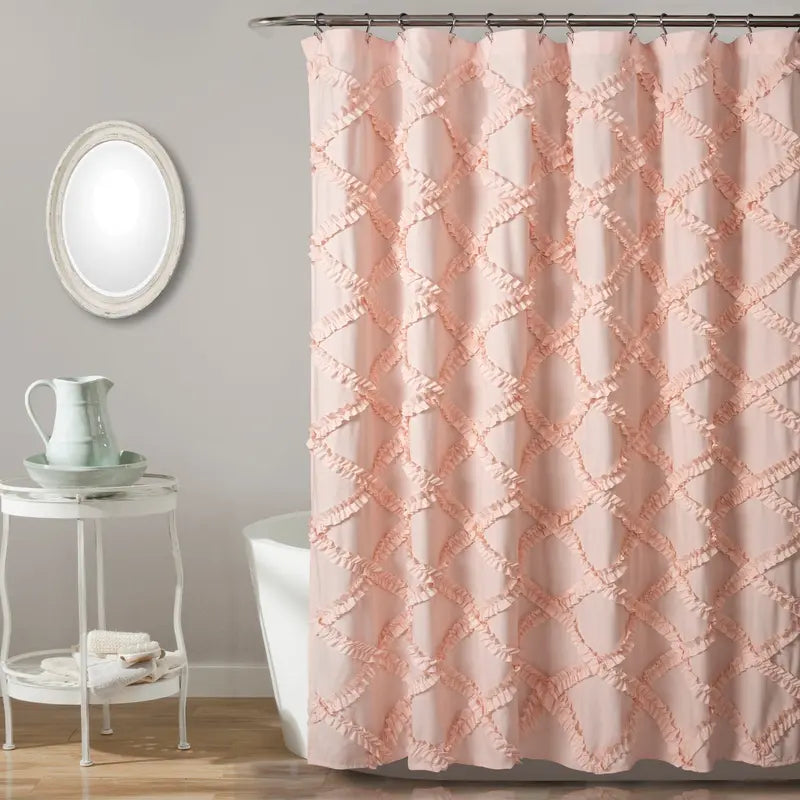 Lush Decor Ruffle Diamond Shower Curtain 72 x 72 in - Polyester ruffle embroidery, OEKO-TEX STANDARD 100, soft textured decorative bathroom curtain for tub, neutral gray white blush ivory