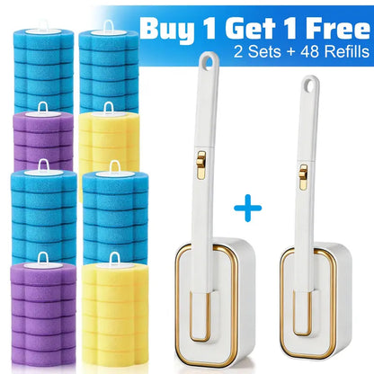 Nifogo Disposable Toilet Scrubber Brush Set, Includes 24 Refills, Triple-Layer Sponge Cleaner Wand, Fragrance Neutralizer, Plastic Wall-Mount Holder, Multi-Surface Tool for Daily Bathrooms Toilet Bowl Cleaning