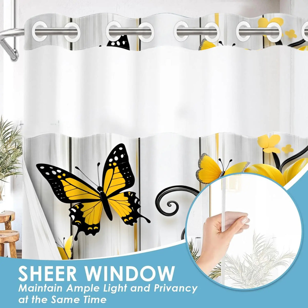 1PC 2D Flat Yellow & White Daisy Floral Butterfly Pattern Double-Layer Woven Shower Curtain, Floral Shower Curtains For Bathroom, No Hooks, Transparent Top Window, Removable Snap-On Liner, Modern Bathroom Partition Art Decor, Holiday Decoration