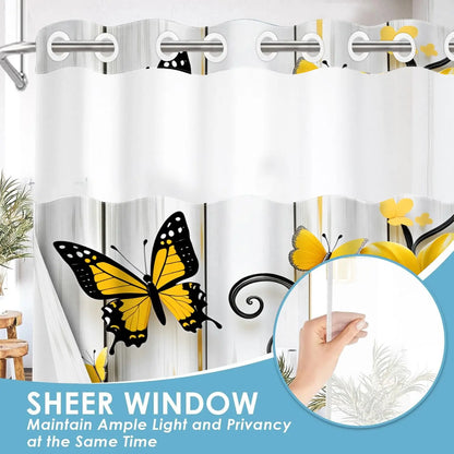 1PC 2D Flat Yellow & White Daisy Floral Butterfly Pattern Double-Layer Woven Shower Curtain, Floral Shower Curtains For Bathroom, No Hooks, Transparent Top Window, Removable Snap-On Liner, Modern Bathroom Partition Art Decor, Holiday Decoration