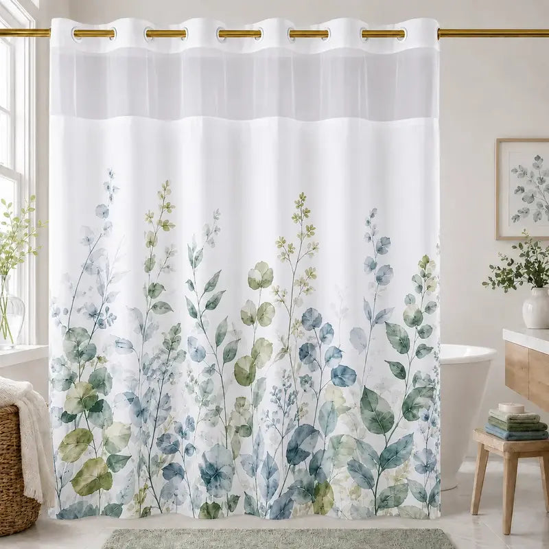 Hookless Shower Curtain Set with Snap-in Liner, Double Layer Floral Botanical Design, Sheer Top Window, 72x75 Inch Waterproof Washable Bathroom Curtain,