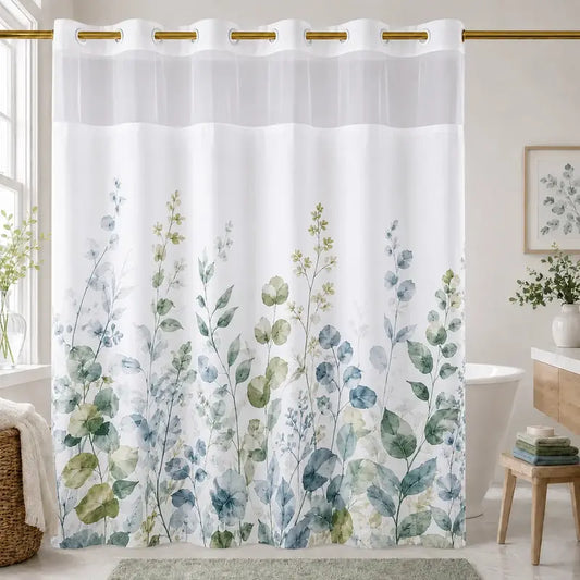 Hookless Shower Curtain Set with Snap-in Liner, Double Layer Floral Botanical Design, Sheer Top Window, 72x75 Inch Waterproof Washable Bathroom Curtain,