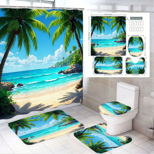 1/4pcs Tropical Beach Shower Curtain Set, Bathroom Shower Curtain Sets, 72x72 Inch Ocean Waves Palm Trees Curtain with Bidet Mat (60x20), Toilet Seat Cover, 2 Bath Rugs (24x16) - Summer Aesthetic Bathroom Decor for Coastal Vibe, Easter Mother’s Day Gift