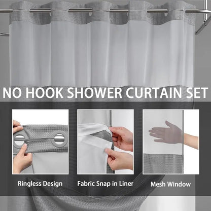 Straight Polyester Waterproof Waffle Shower Curtain Set with Sheer Top - Lightweight, Anti-Wrinkle, Silent, Washable Bathroom Decor, 72" (w) x 75", Ideal for Campers, Hotels