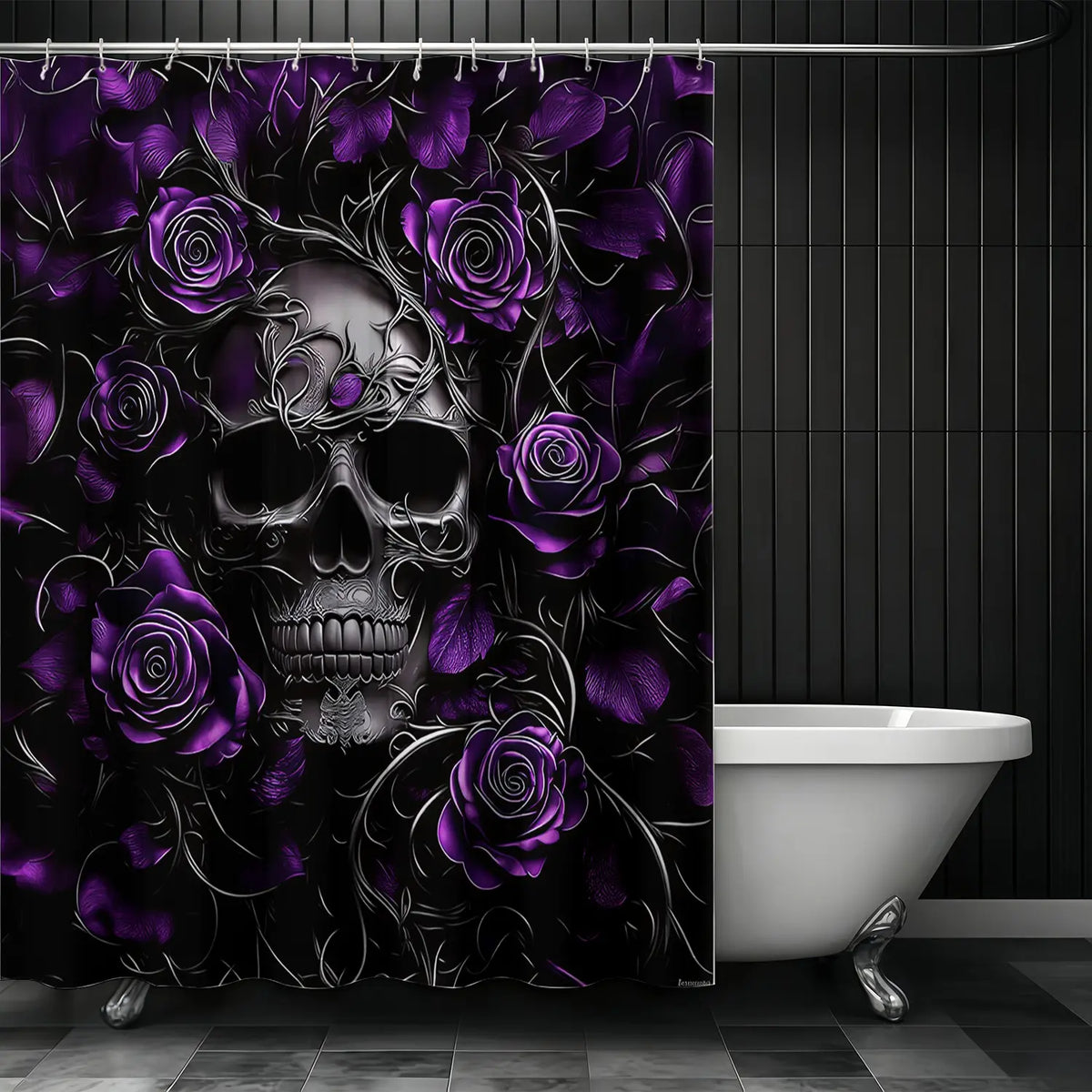 1pcs Luxury Dark Gothic Floral Bathroom Shower Curtain, Rose and Skull Pattern, Elegant Spooky Aesthetic Decor, Unique Gift for Gothic Lovers and Witchy Aesthetic Room